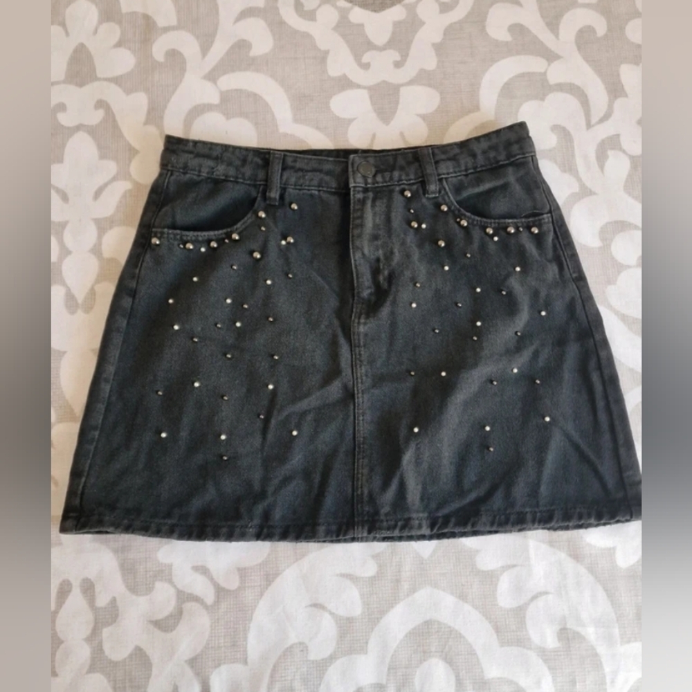 stradivarius Black Studded Denim Mini Skirt